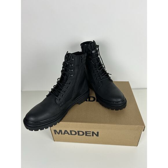 Madden Men's Sz 9.5 Boots Black Combat Style Zip & Tie - Picture 4 of 6